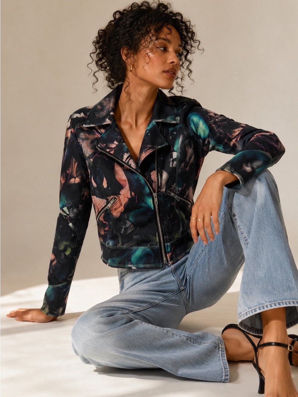 Autumn Teneyl Cropped Moto Jacket XS Leaf Print Asymmetrical Zip Made in CO
